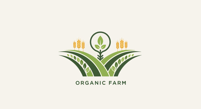 Organic Farm Logo Design with Green Fields and Growing Plants.