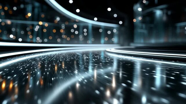 Futuristic virtual studio background with a glowing stage and reflective floor for a product presentation, car commercial, and technology broadcast promo