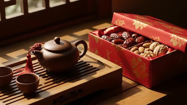 Traditional Chinese tea set with teapot, cups, and a red gift box of dates, walnuts, almonds on a wooden tray by a window. Perfect for cultural events, Lunar New Year, hospitality, wellness,