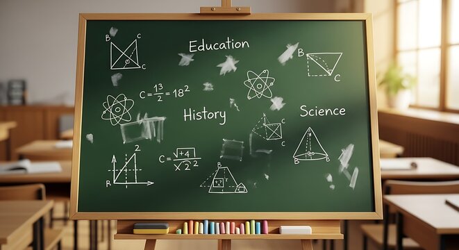 Classroom chalkboard with educational subjects and math equations.