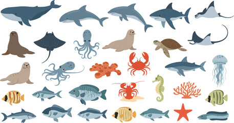 Marine Sea Animals Vector Illustration Set with Whale, Sharks, Ray, Turtle, Octopus, Seal, Fish, Crab, Coral, and Underwater Ocean Life © MdMojnu