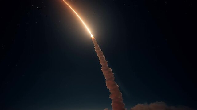 Missile defense system moments after launch, bright exhaust glow lighting the ground as a vertical smoke trail rises into the dark sky. Modern military realism, high-alert defense scene.
