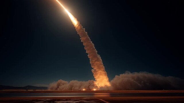 Missile defense system moments after launch, bright exhaust glow lighting the ground as a vertical smoke trail rises into the dark sky. Modern military realism, high-alert defense scene.
