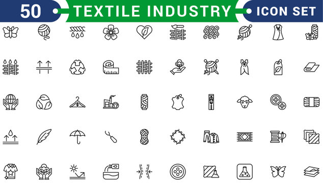 Set of 50 outline icons related to textile industry. Linear icon collection. Editable stroke. Vector illustration