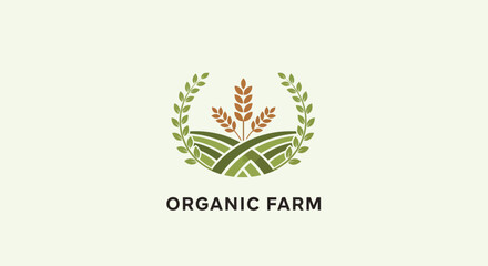 Organic Farm Logo with Wheat and Fields Emblem.