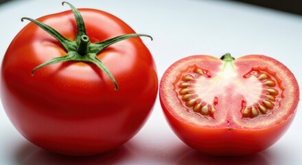 Ripe red tomato next to a halved tomato revealing seeds, flesh, and interior