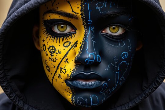 two-faced bionic hooded person