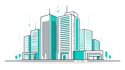 Obraz premium Modern cityscape illustration, smart city architecture with tall buildings. Urban development, technology, and futuristic metropolis concept.