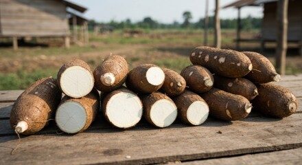 Pile of yuca on wooden planks, rural huts blurred in background, sunny day