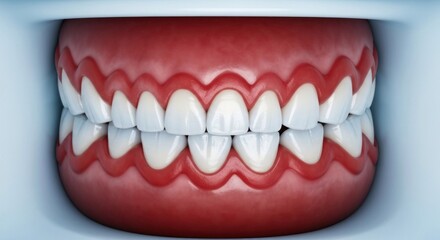 Set of dentures with white, even teeth and pink gums inside a mouth cavity