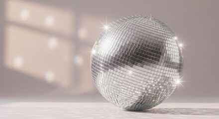 Shiny disco ball reflecting light patterns in a plain, light-colored room