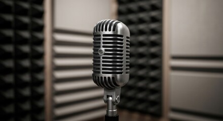 Silver vintage microphone stands in sound booth with acoustic foam panels