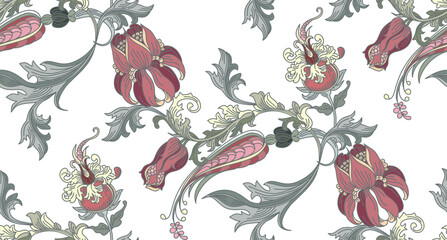  Pattern of flowers and leaves with elements of gothic ornament on a transparent background in vintage style
