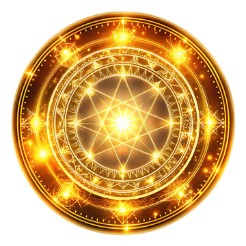 Magic circle, Glowing golden with intricate geometric patterns and bright starburst center, cutout, PNG, isolated on transparent background, AI