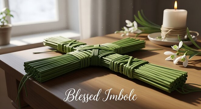  Blessed Imbolc St Brigid&rsquo;s Cross with Candle and Snowdrops on Wooden Table