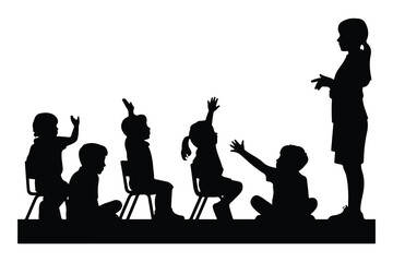 Silhouette of teacher and students in classroom with raised hands