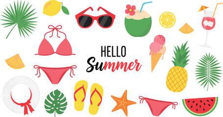 Hello Summer beach vacation elements and tropical icons set