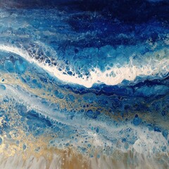 Abstract ocean scene, with swirling blues, whites, and gold, resembling waves