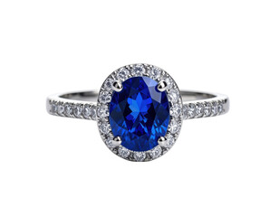 Luxury sapphire ring with diamond halo isolated on transparent background.