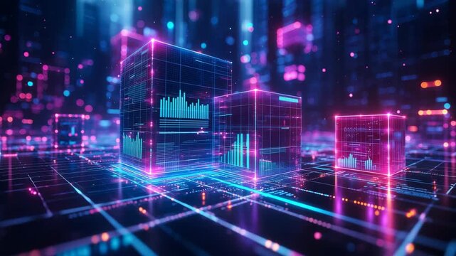 Futuristic data blocks with glowing charts ideal for blockchain technology and big data analysis backgrounds.