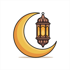 Golden crescent moon with traditional hanging lantern for Ramadan Kareem and Eid decorative background vector