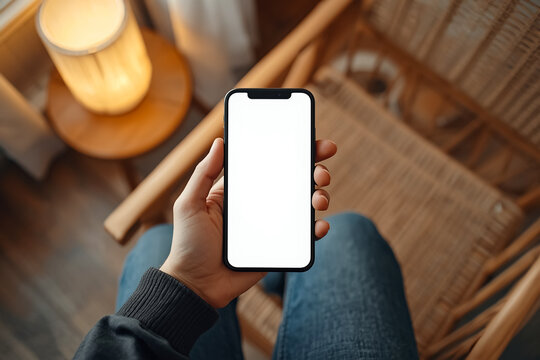 A Person is checking a white screen mobile phone and a laptop is in the background