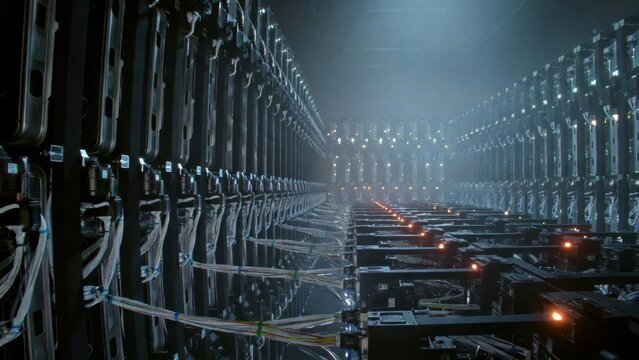 Industrial server room with rows of powerful data servers and illuminated cables.