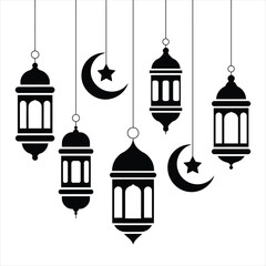 Traditional arabic lanterns collection with moon for eid mubarak banner