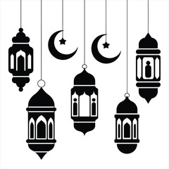 Hanging ramadan lanterns set with stars and crescent decorative background
