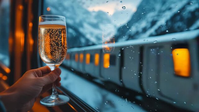 Champagne toast on a train traveling through snowy mountains ideal for luxury travel and holiday celebration videos.