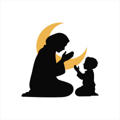 Muslim mother and child praying silhouette with crescent moon background