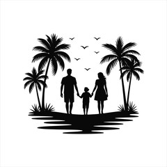Happy family silhouette walking on tropical beach with palm trees vector