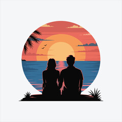 Romantic couple sitting on the beach watching the sunset over the sea