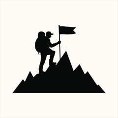 Silhouette of a mountain climber reaching the peak with a victory flag