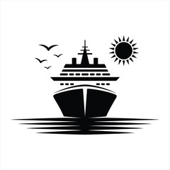 Luxury cruise ship sailing on the ocean under a bright sun silhouette