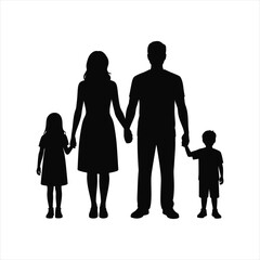Complete family silhouette with father mother and three children holding hands