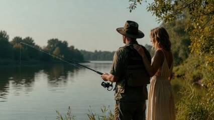 Obraz premium Caucasian male and female adults fishing by riverside at sunset.