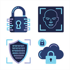 Cyber security and data protection icons with lock and face recognition