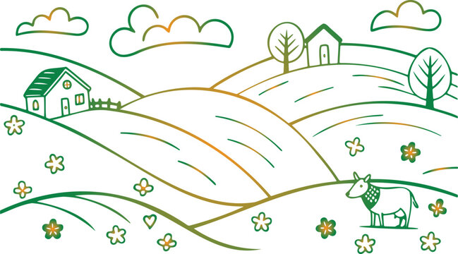 Charming cartoonstyle rural landscape illustration with rolling hills quaint houses trees clouds flowers and a cow in a minimalist outline drawing style