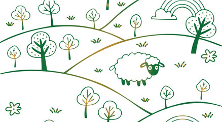 Whimsical doodlestyle landscape with rolling hills featuring cute sheep trees and a rainbow in a charming pastoral scene