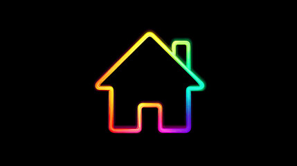 Vibrant rainbow neon house icon glowing against a dark black background, representing home, property, or website navigation.