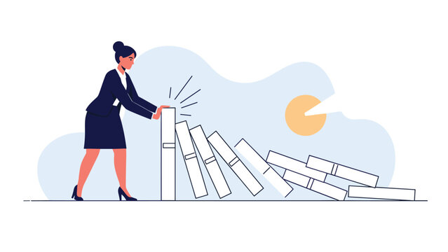 Strong businesswoman stopping a falling row of large domino blocks to prevent a corporate chain reaction crash.