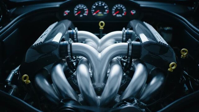 Close-up V12 Engine Throttle Blip: Vibrating Intake Manifolds and Carbon Fiber Banks