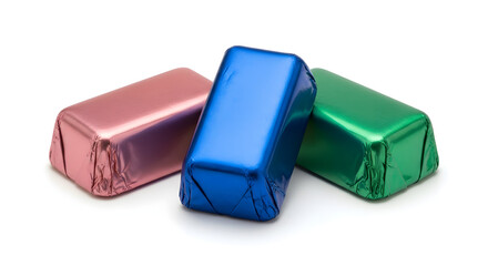 Colorful wrapped cube candies isolated on white