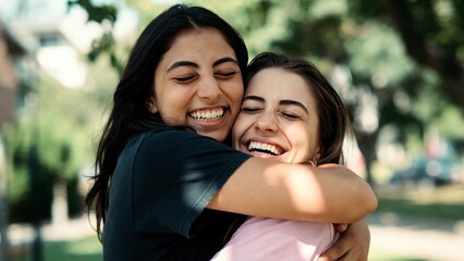 Obraz premium Joyful embrace: young hispanic females sharing a happy hug outdoors.
