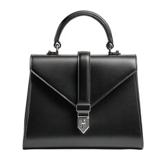 Elegant Black Faux Leather Handbag with Silver Clasp and Top Handle Isolated on Transparent Background