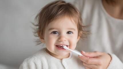 Young child learning good dental hygiene habits with a toothbrush and adult help