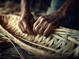 Wicker bamboo fish trap crafted by skilled hands shows traditional weaving technique and natural material texture in rustic setting with focus on artisan detailed work