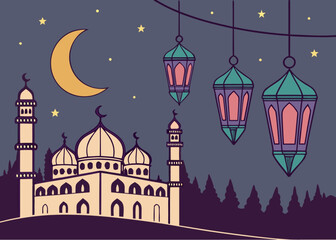 Night of Power Ramadan Lanterns and Mosque Skyline Vector