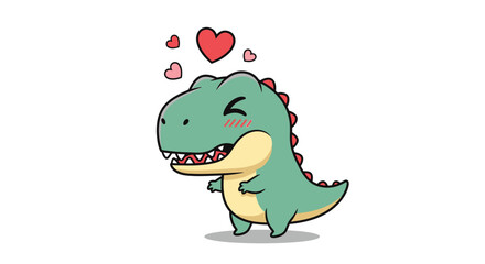 Fototapeta premium Sweet Cartoon Green Dinosaur Blushing with Hearts, Expressing Shy Love and Affection